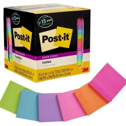 Post-It Notes*Post-it Super Sticky Notes, 3" x 3", Assorted Collection, 45 Sheet/Pad, 15 Pads/Pack (654-15SSCP)