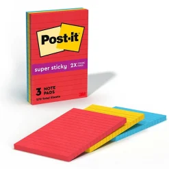 Post-It Notes*Post-it Super Sticky Notes, 4" x 6", Playful Primaries Collection, Lined, 90 Sheet/Pad, 3 Pads/Pack (6603SSAN)