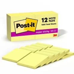 Post-It Notes*Post-it Super Sticky Notes, 3" x 3", Canary Collection, 90 Sheet/Pad, 12 Pads/Pack (65412SSCY)