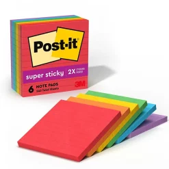 Post-It Notes*Post-it Super Sticky Notes, 4" x 4", Playful Primaries Collection, Lined, 90 Sheet/Pad, 6 Pads/Pack (6756SSAN)