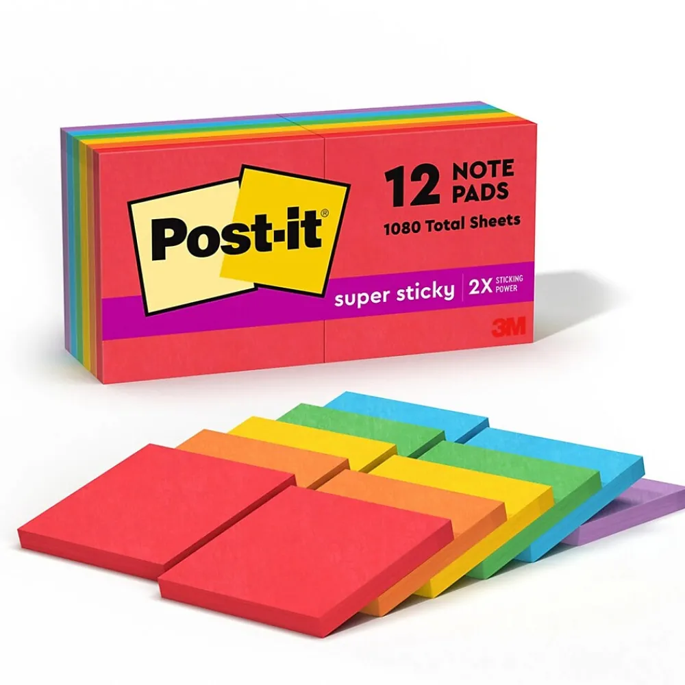 Post-It Notes*Post-it Super Sticky Notes, 3" x 3", Playful Primaries Collection, 90 Sheet/Pad, 12 Pads/Pack (65412SSAN)