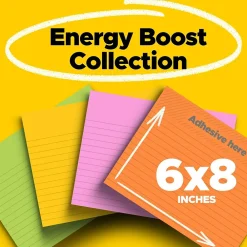 Post-It Notes*Post-it Super Sticky Notes, 8" x 6", Energy Boost Collection, Lined, 45 Sheet/Pad, 4 Pads/Pack (6845-SSPL)