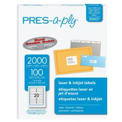 Sale Avery PRES-a-ply Laser/Inkjet Address Labels, 1" x 4", White, 20 Labels/Sheet, 100 Sheets/Box, 2,000 Labels/Box (30601)