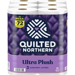 Ultra Plush Toilet Paper, 3-ply, White, 255 Sheets/Roll, 18 Rolls/Case (876045/874685)<Quilted Northern Best