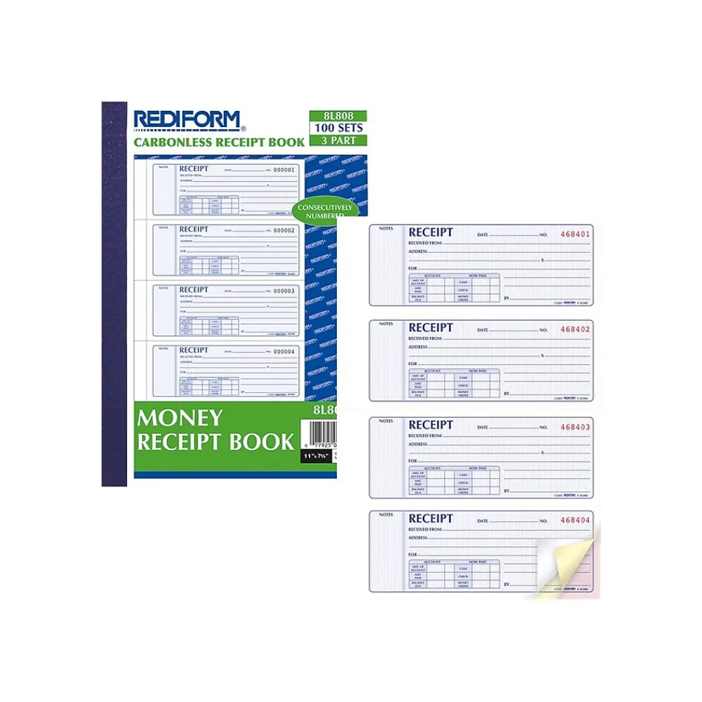 Accounting & Record Journals*Rediform 3-Part Carbonless Receipts Pad, 7"L x 2.7"W, 100 Forms/Pad (8L808)