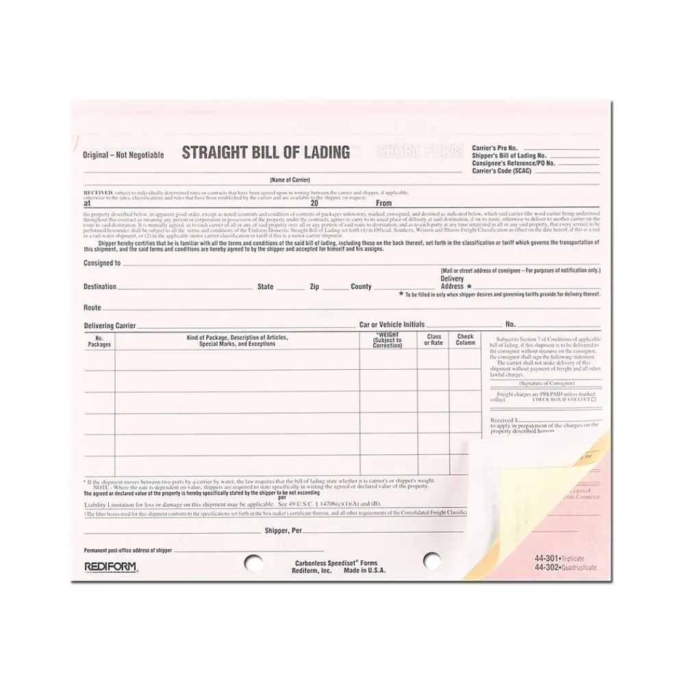 Business Forms*Rediform Snap-A-Way 3-Part Carbonless Bill of Lading, 7"L x 8.5"W, 250 Sets/Book (44301)