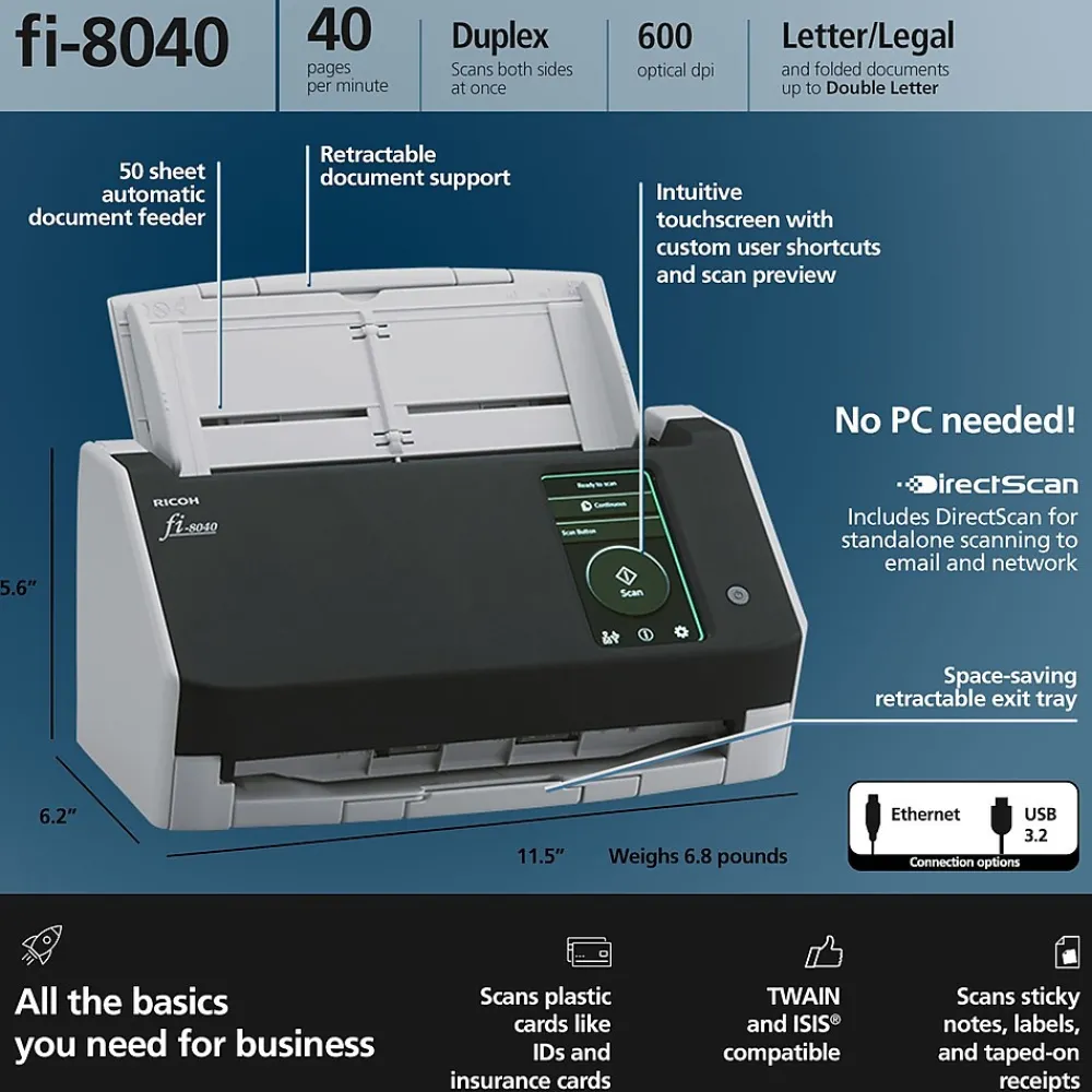 Ricoh fi-8040 Duplex Document Scanner, Black/Gray (PA03836-B005)