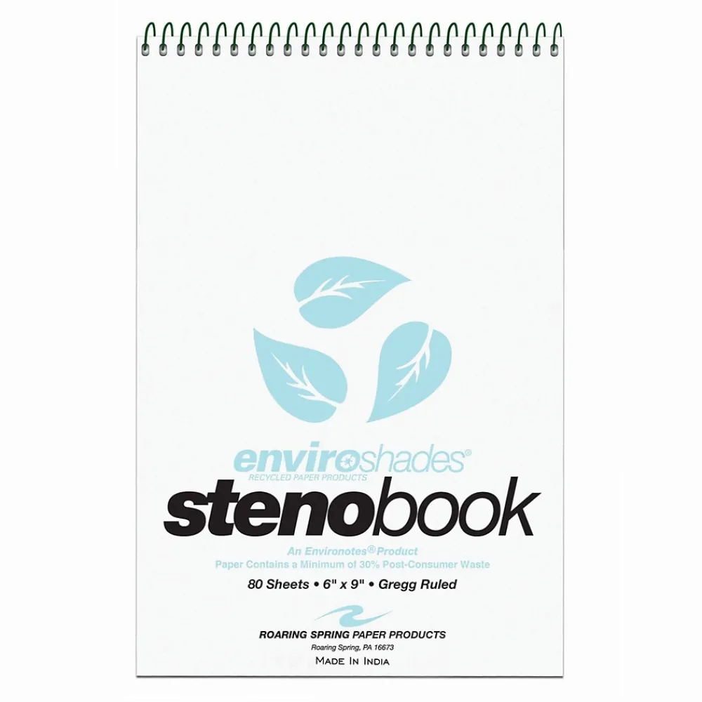 Notepads|Roaring Spring Paper Products Roaring Spring Enviroshades Steno Notebook, 6" x 9", 80 Sheets/Pad, Gregg Ruled, Recycled Blue Paper, 4 Books/Pk (12284)