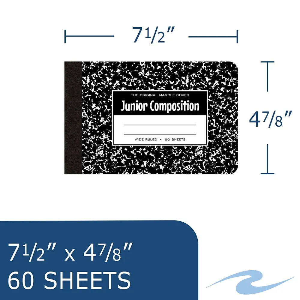 Composition Notebooks|Roaring Spring Paper Products 1-Subject Composition Notebooks, 7.5" x 4.875", Wide Ruled, 60 Sheets, Black (77122)