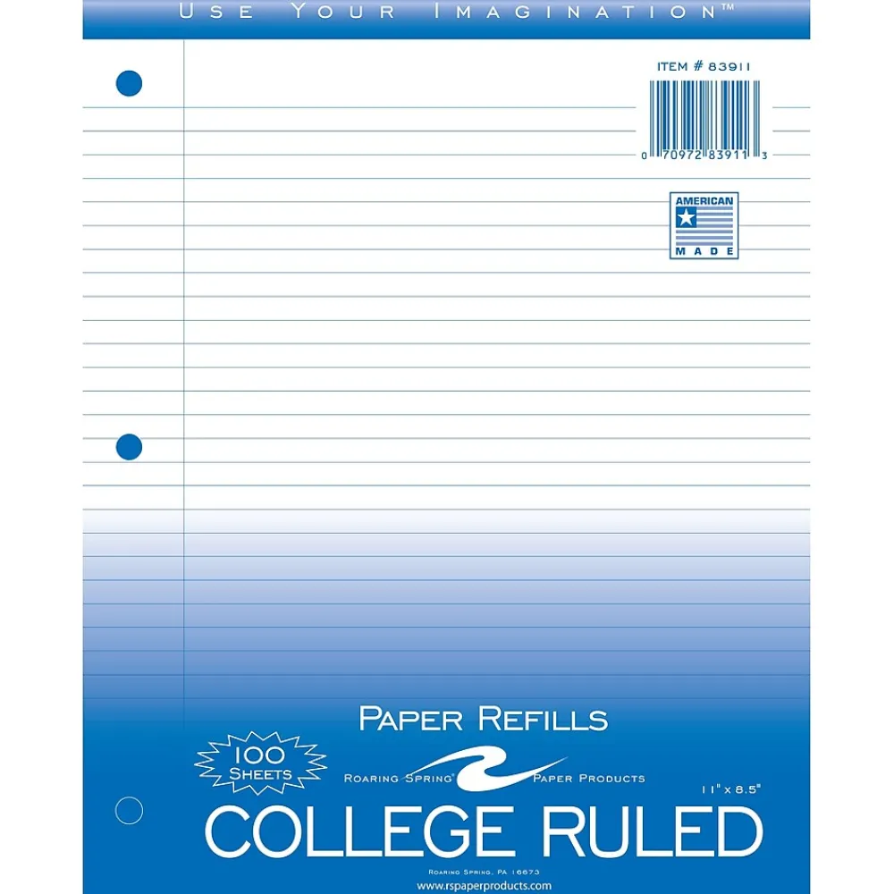 Filler Paper|Roaring Spring Paper Products College Ruled College Ruled Filler Paper, 8.5" x 11", 3-Hole Punched, 100 Sheets/Pack (83911)