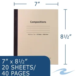 Composition Notebooks|Roaring Spring Paper Products Composition Notebooks, 7" x 8.5", Wide Ruled, 20 Sheets, Manila (77340)