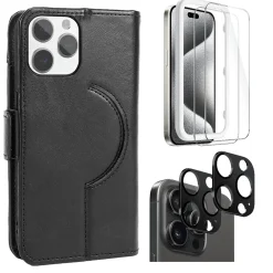 SaharaCase Genuine Leather Wallet Case, Tempered Glass Screen, Camera Protector for iPhone 15 Pro Max, Black (CP480ZD128ZD131)