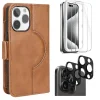 SaharaCase Genuine Leather Wallet Case, Tempered Glass Screen, Camera Protector for iPhone 15 Pro Max, Brown (CP481ZD128ZD131)