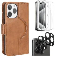 SaharaCase Genuine Leather Wallet Case, Tempered Glass Screen, Camera Protector for iPhone 15 Pro Max, Brown (CP481ZD128ZD131)