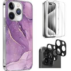SaharaCase Purple Marble Case, Tempered Glass Screen and Camera Protector for iPhone 15 Pro Max (CP474ZD128ZD131)