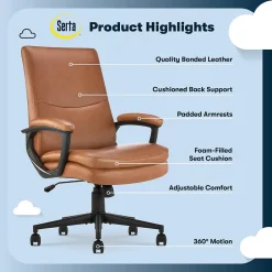 Office Chairs*Serta Comfort Modern Ergonomic Bonded Leather Swivel Executive Chair, Cognac (CHR10132D)