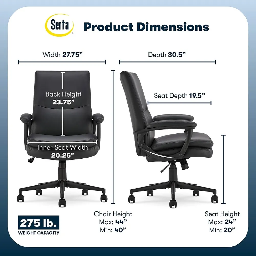 Office Chairs*Serta Comfort Modern Ergonomic Bonded Leather Swivel Executive Chair, Black (CHR10132A)
