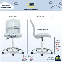 Ergonomic Chairs*Serta Essentials Armless Ergonomic Bonded Leather/Mesh Swivel Task Chair, (48740D) Blue