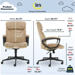 Office Chairs*Serta Executive Office Chair, Microfiber, Light Beige, Seat Size: 20.75''W x 19.5