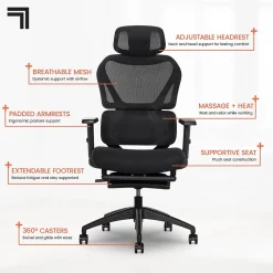 Office Chairs*Sharper Image S850 Ergonomic Mesh Swivel Massage with Heat Executive Task Chair with Footrest, Black (60106-BLK)