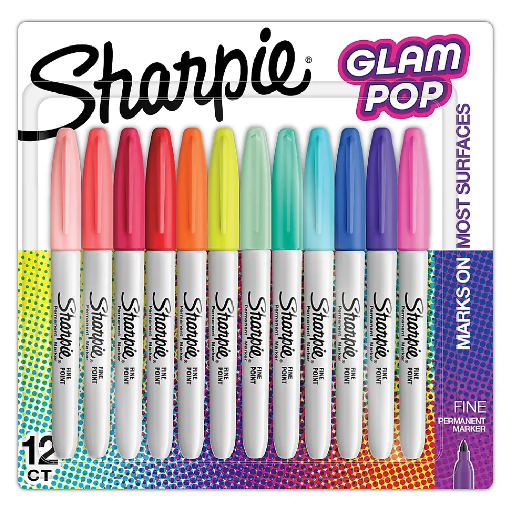Markers|Sharpie Glam Pop Permanent Markers, Fine Tip, Assorted, 12/Pack (2185226)