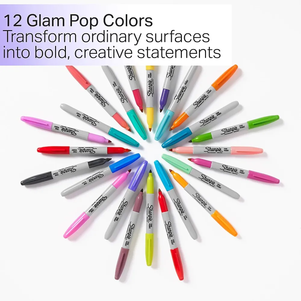 Markers|Sharpie Glam Pop Permanent Markers, Fine Tip, Assorted, 12/Pack (2185226)