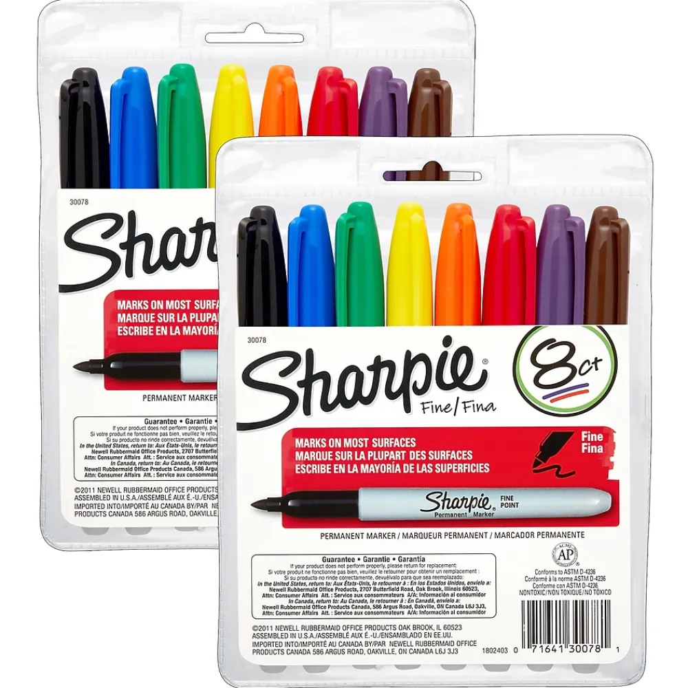 Markers|Sharpie ® Permanent Markers, Fine Point, Assorted Colors, 8 Per Set, 2 Sets (SAN30078-2)