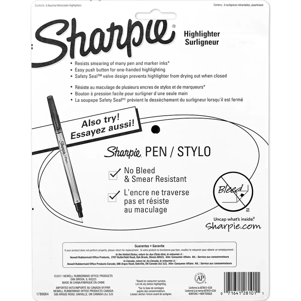 Highlighters|Sharpie Retractable Highlighter, Chisel Tip, Assorted, 8/Pack (28101)