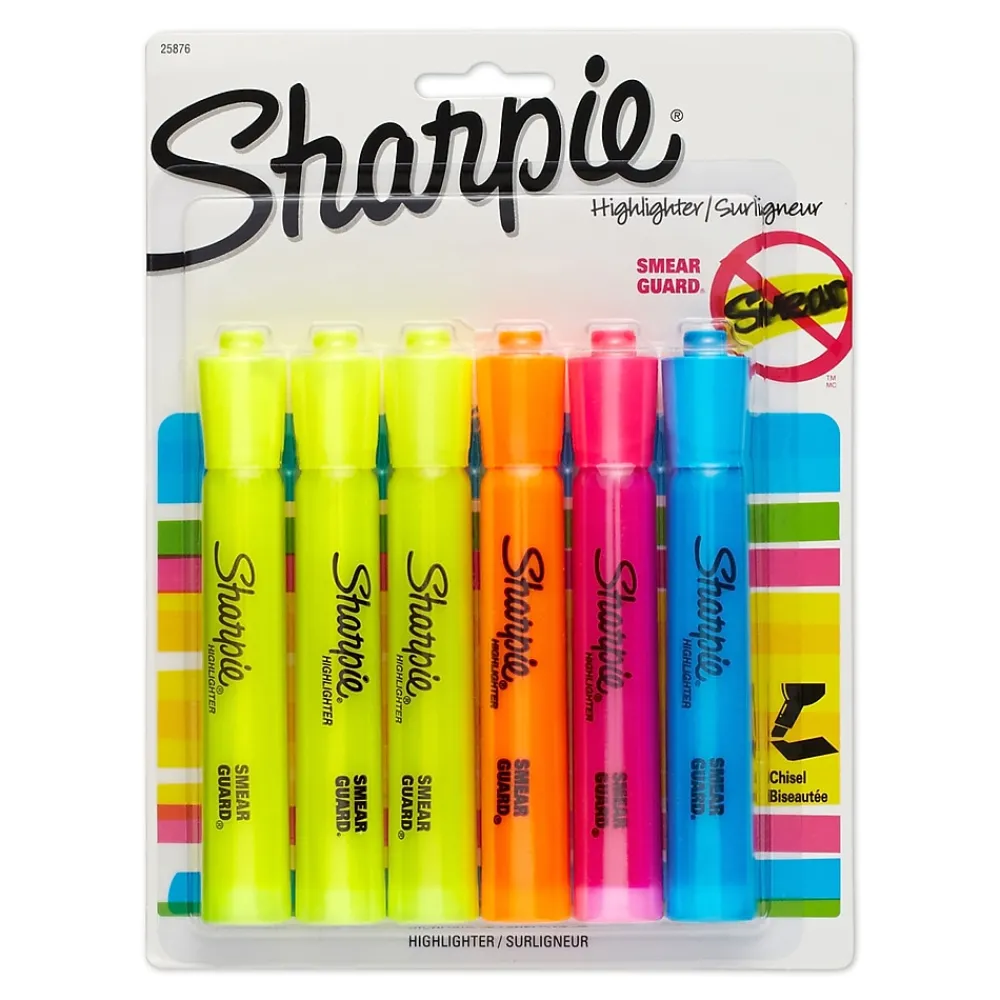 Highlighters|Sharpie Tank Highlighter, Chisel Tip, Assorted, 6/Pack (25786PP/25076)