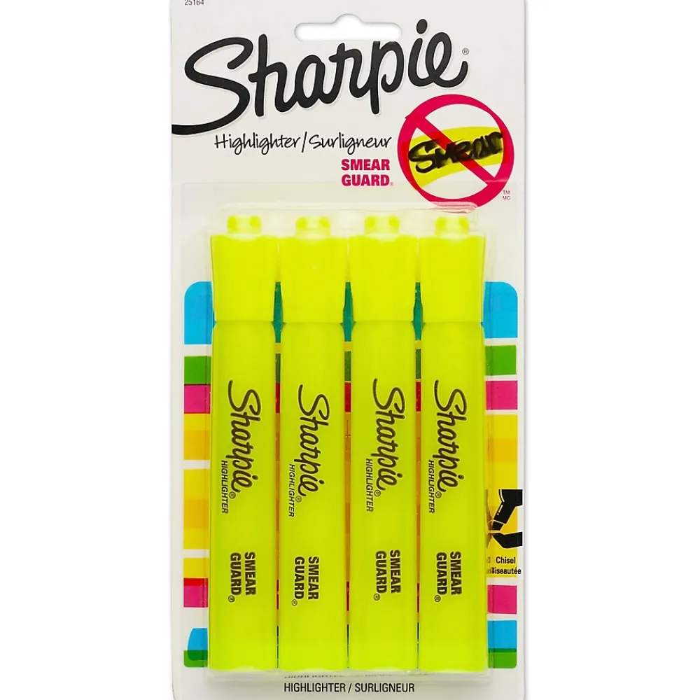 Highlighters|Sharpie Tank Highlighter, Chisel Tip, Fluorescent Yellow, 4/Pack (25164)