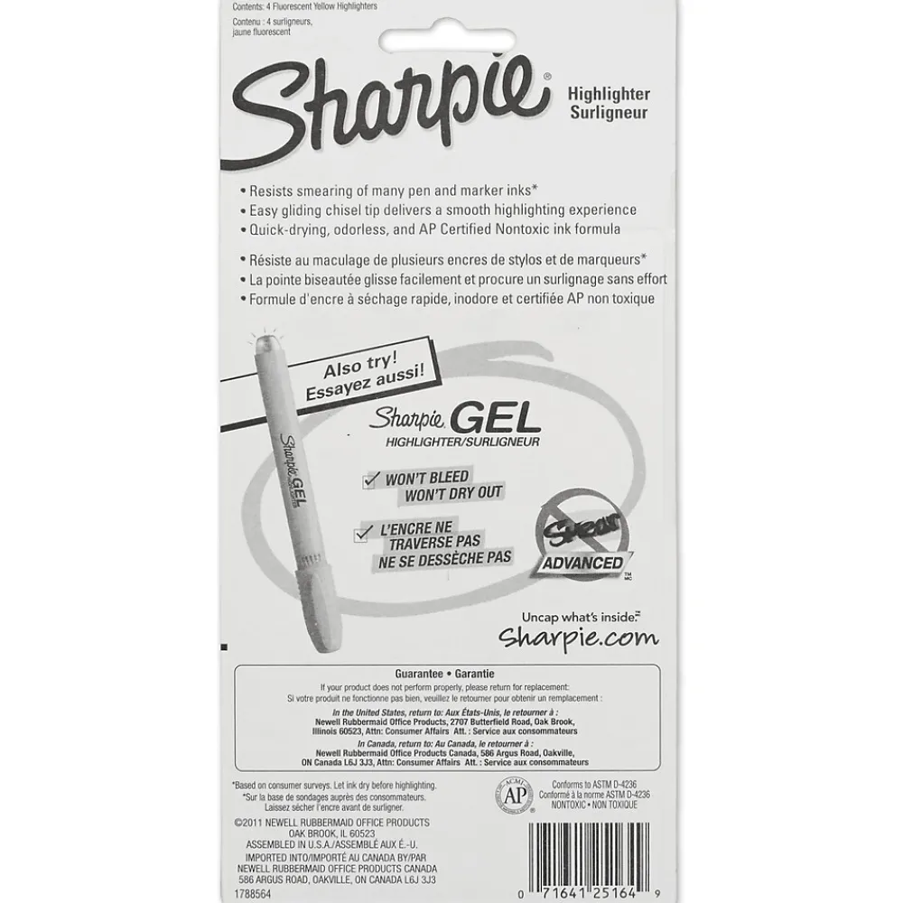 Highlighters|Sharpie Tank Highlighter, Chisel Tip, Fluorescent Yellow, 4/Pack (25164)