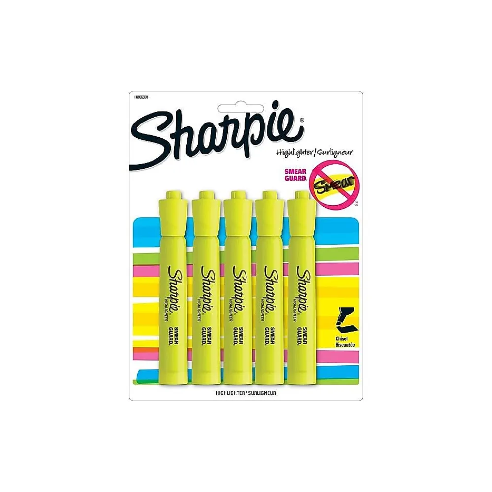 Highlighters|Sharpie Tank Highlighter, Chisel Tip, Yellow, 5/Pack (1809200)
