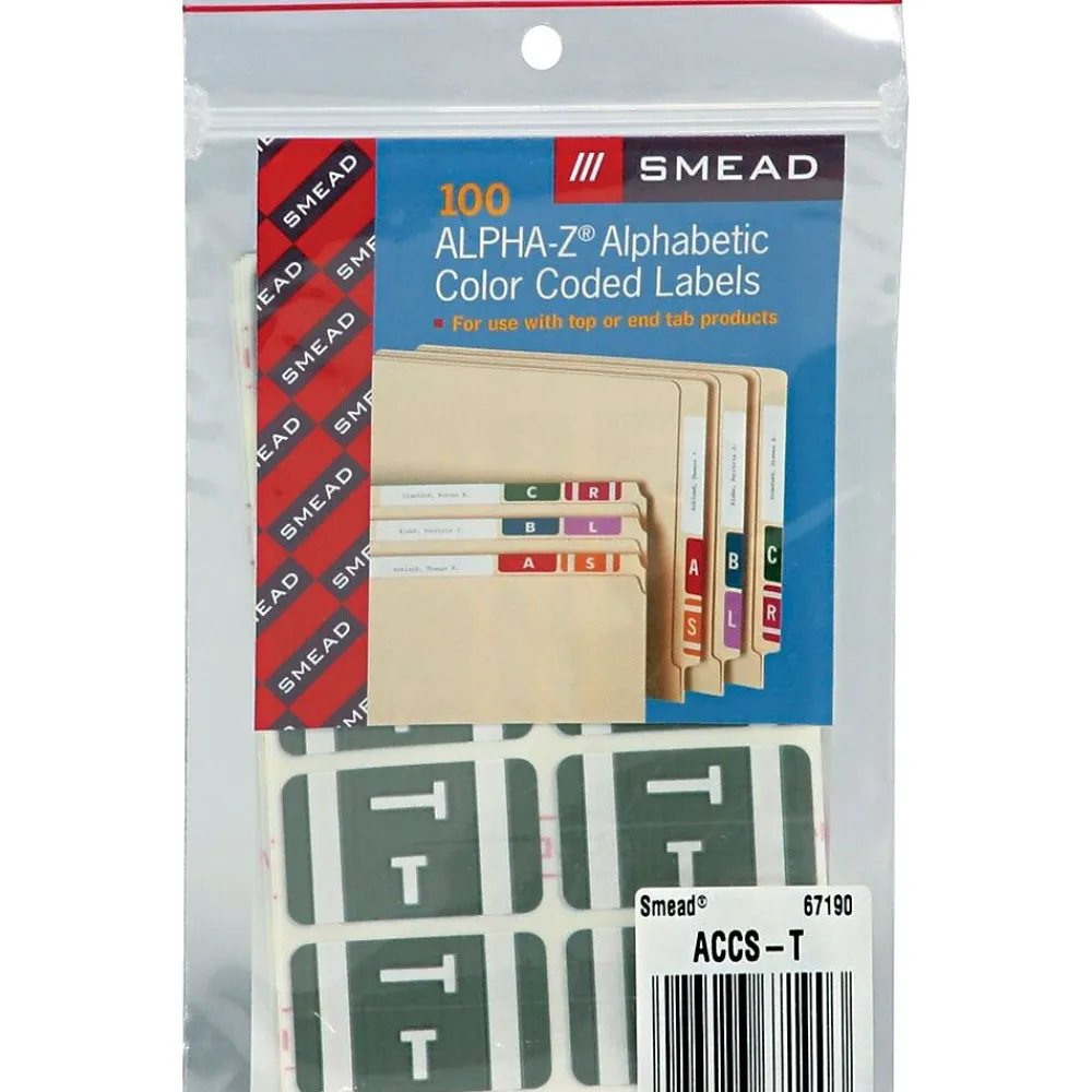 Labels|Smead AlphaZ ACCS Color-Coded Alphabetic Labels, T, Gray, 100/Pack (67190)