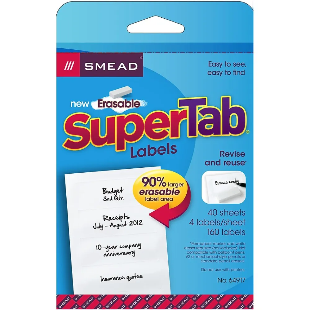 Labels|Smead 160ct Erasable Supertab File Folder Labels, 3 7/16" x 1 1/4" (SMD64917)