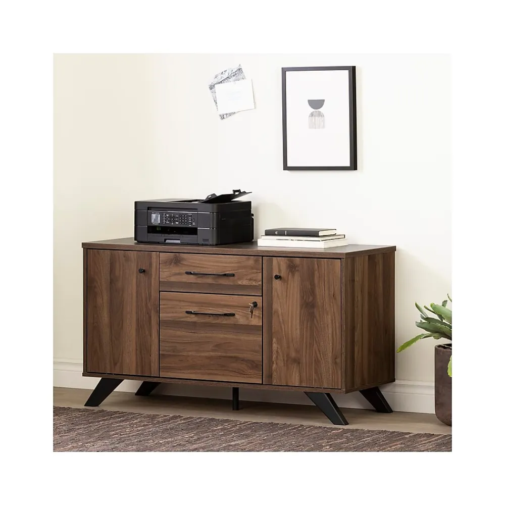 Storage Cabinets*South Shore Helsy 26.75" 2-Drawer Storage Credenza with 4 Shelves, Natural Walnut (13310)