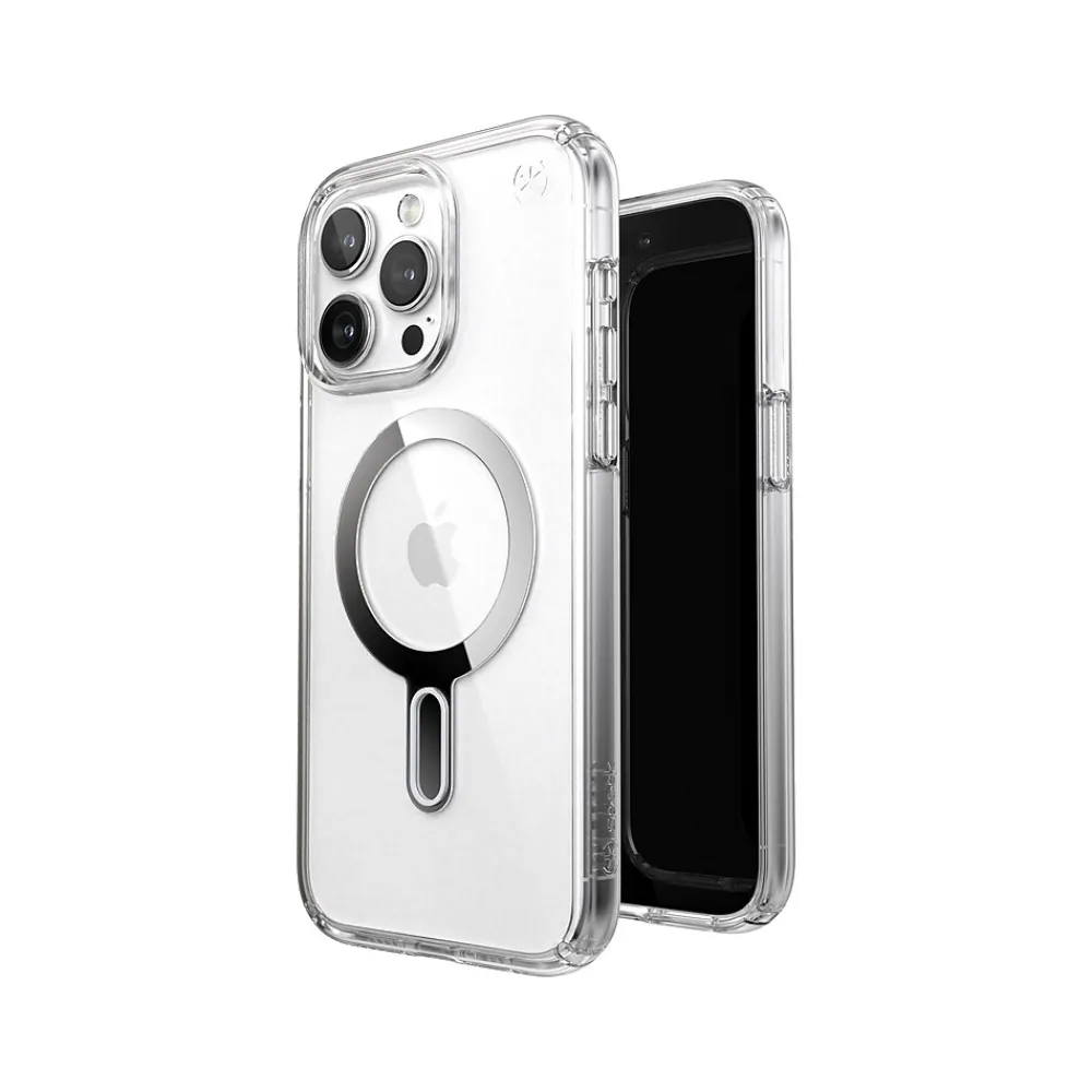 Speck Presidio Perfect-Clear MagSafe ClickLock Phone Case for iPhone 15 Pro Max, Clear/Chrome (150465-3199)
