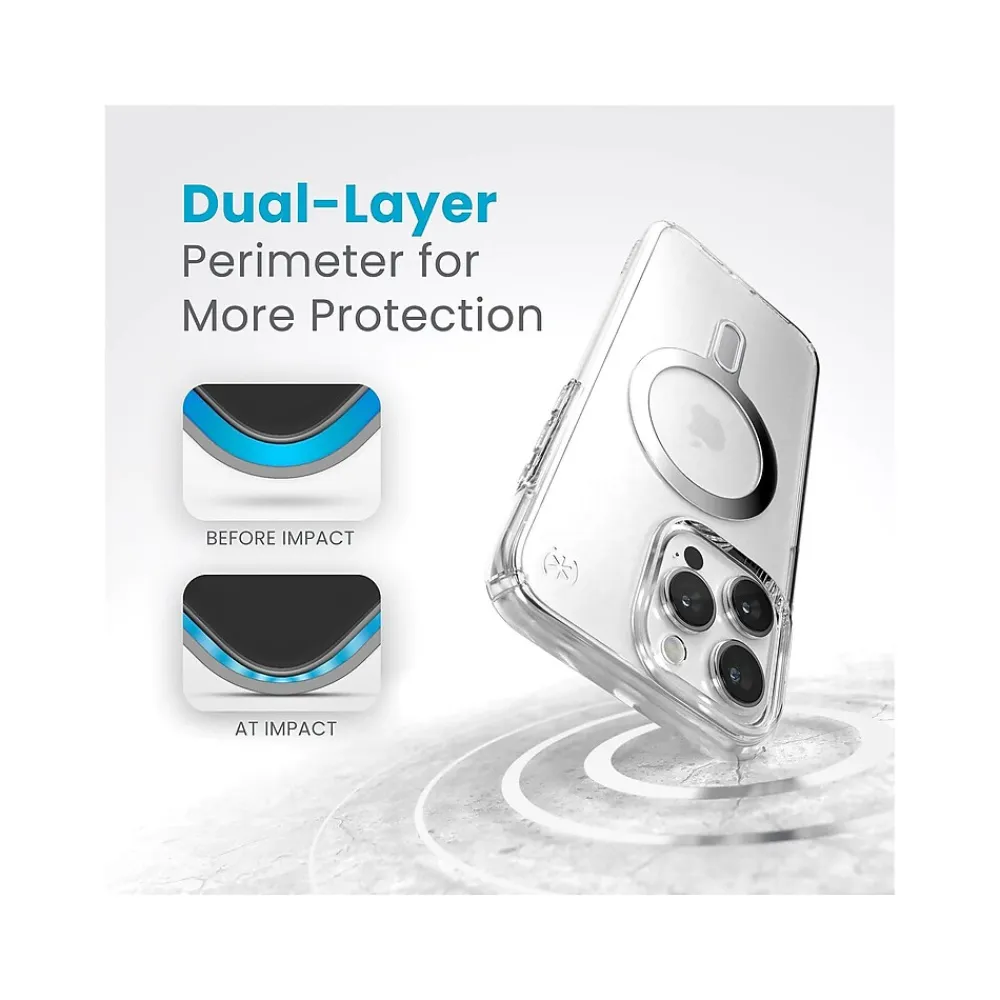 Speck Presidio Perfect-Clear MagSafe ClickLock Phone Case for iPhone 15 Pro Max, Clear/Chrome (150465-3199)