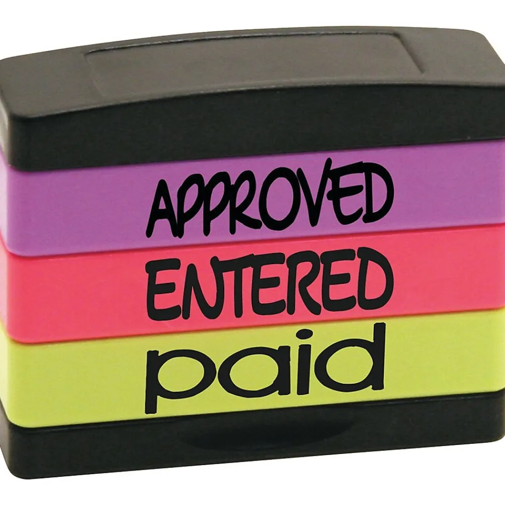 Stamps & Stamp Pads|Stack Stamp Set, "Approved", "Entered", "Paid", Assorted Fluorescent Ink (8802)