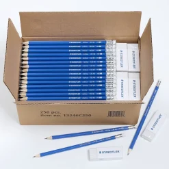Pencils|Staedtler Pre-Sharpened Wooden Pencil with Block Erasers, #2 Medium Lead, 250/Pack (13246C250)