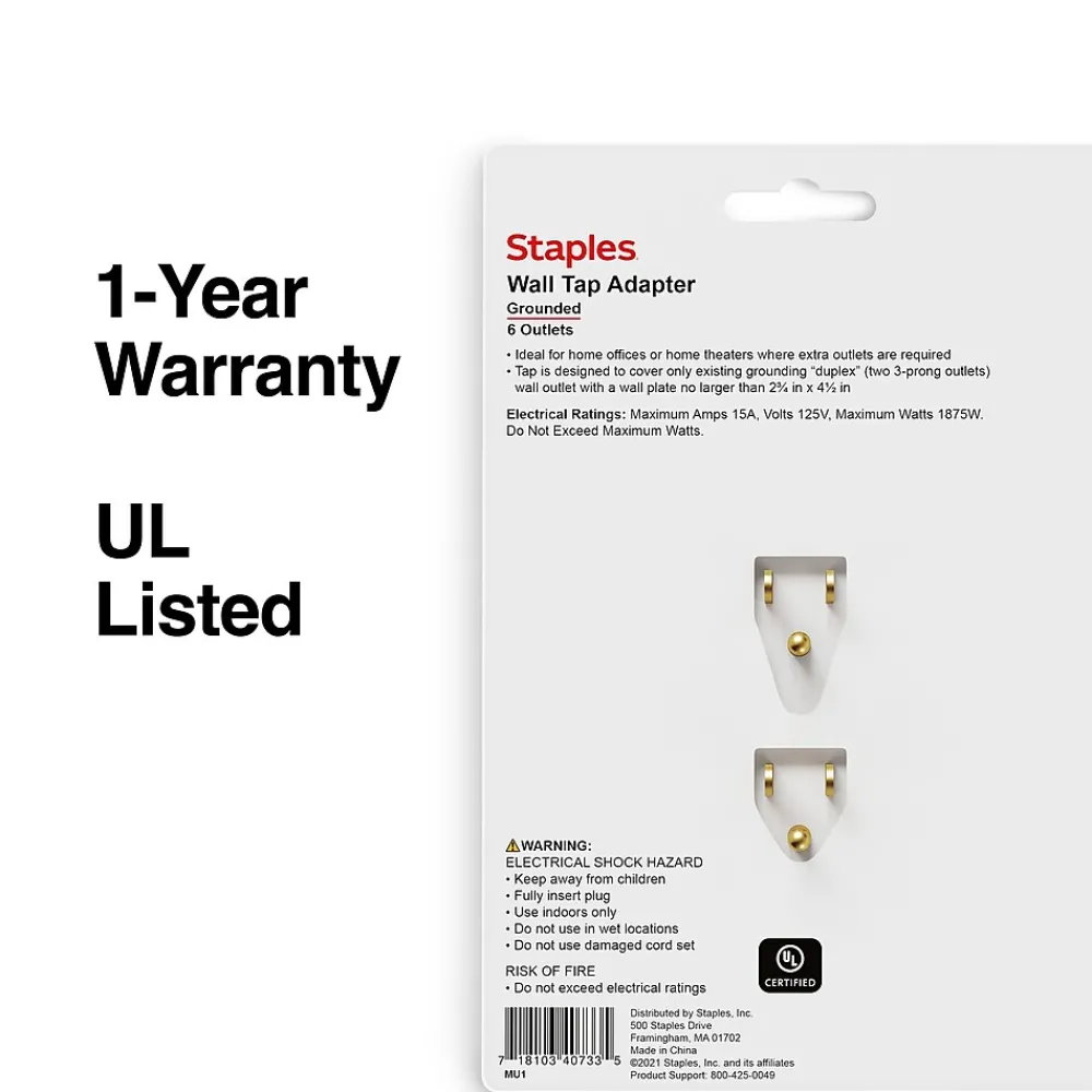 Staples 6 Outlet Adapter, White (22145)