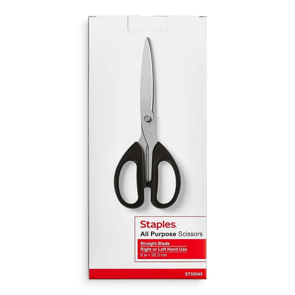 Scissors|Staples 8" Pointed Tip Stainless Steel Scissors, Straight Handle, Right & Left Handed (TR55045)