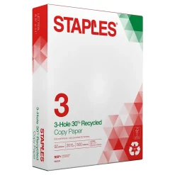 Copy Paper*Staples 30% Recycled 8.5" x 11" 3-Hole Punched Copy Paper, 20 lbs., 92 Brightness, 500/Ream (112370)