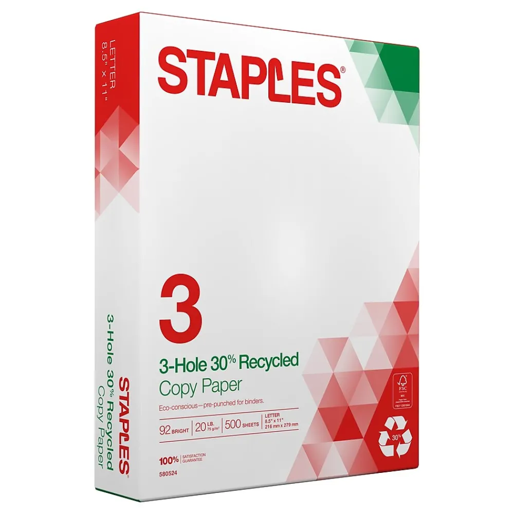 Copy Paper*Staples 30% Recycled 8.5" x 11" 3-Hole Punched Copy Paper, 20 lbs., 92 Brightness, 500/Ream (112370)