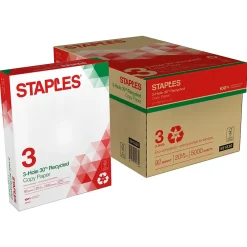 Copy Paper*Staples 30% Recycled 8.5" x 11" 3-Hole Punch Copy Paper, 20 lbs., 92 Brightness, 500/Ream,10 Reams/Carton (112370)