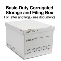 File Storage|Staples 65% Recycled Corrugated File Box Lift Off Lid, Letter/Legal Size, White/Black, 10/Pack (23325011)