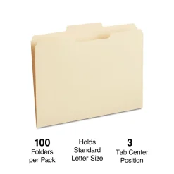 File Folders|Staples 30% Recycled File Folders, 1/3-Cut Tab, Center Position, Letter Size, Manila, 100/Box (ST116780/116780)