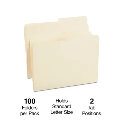 File Folders|Staples 30% Recycled File Folders, 1/2 Cut Tab, Letter Size, Manila, 100/Box (ST116855-CC)