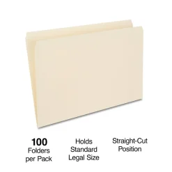 File Folders|Staples 30% Recycled File Folder, Straight Cut, Legal Size, Manila, 100/Box (ST116889/116889)