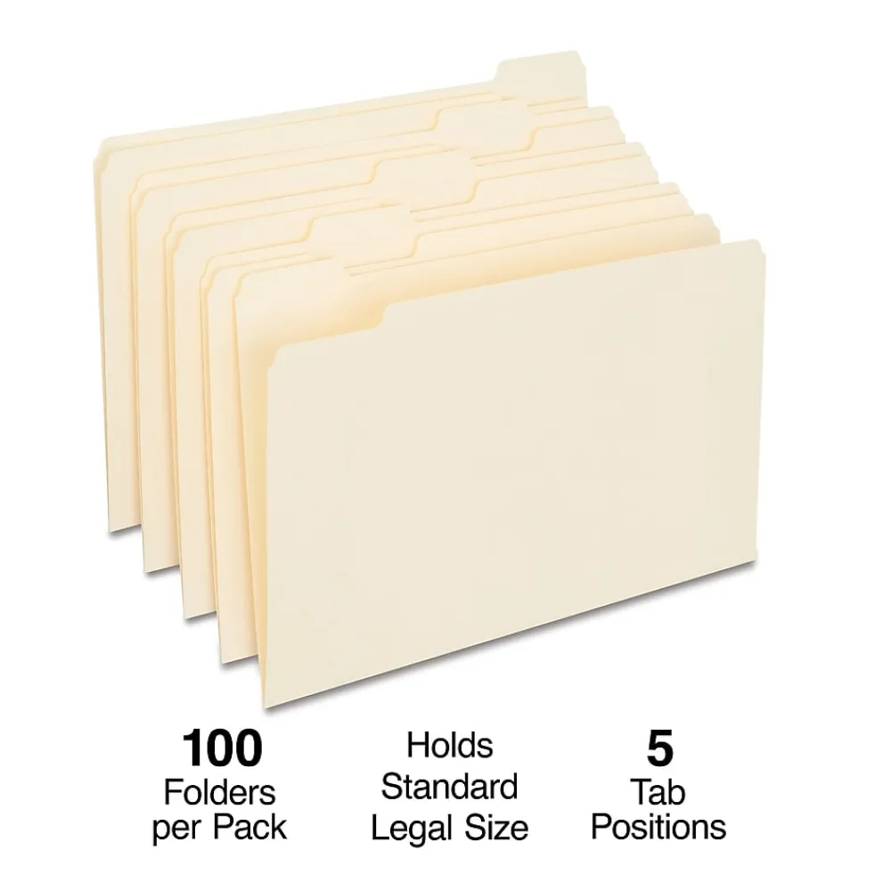 File Folders|Staples 30% Recycled File Folder, 1/5 Cut, Legal Size, Manila, 100/Box (ST163378/163378)