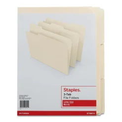 File Folders|Staples 30% Recycled File Folders, 1/3-Cut Tab, Letter-Size, Manila, 24/Pack (235390/TR56674)